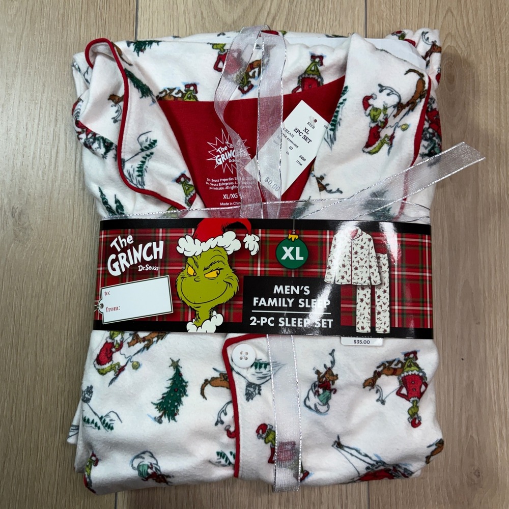 Dr. Seuss The Grinch Men Sleep 2-Piece Pajama Set Cream XL NWT Long Sleeve Pants